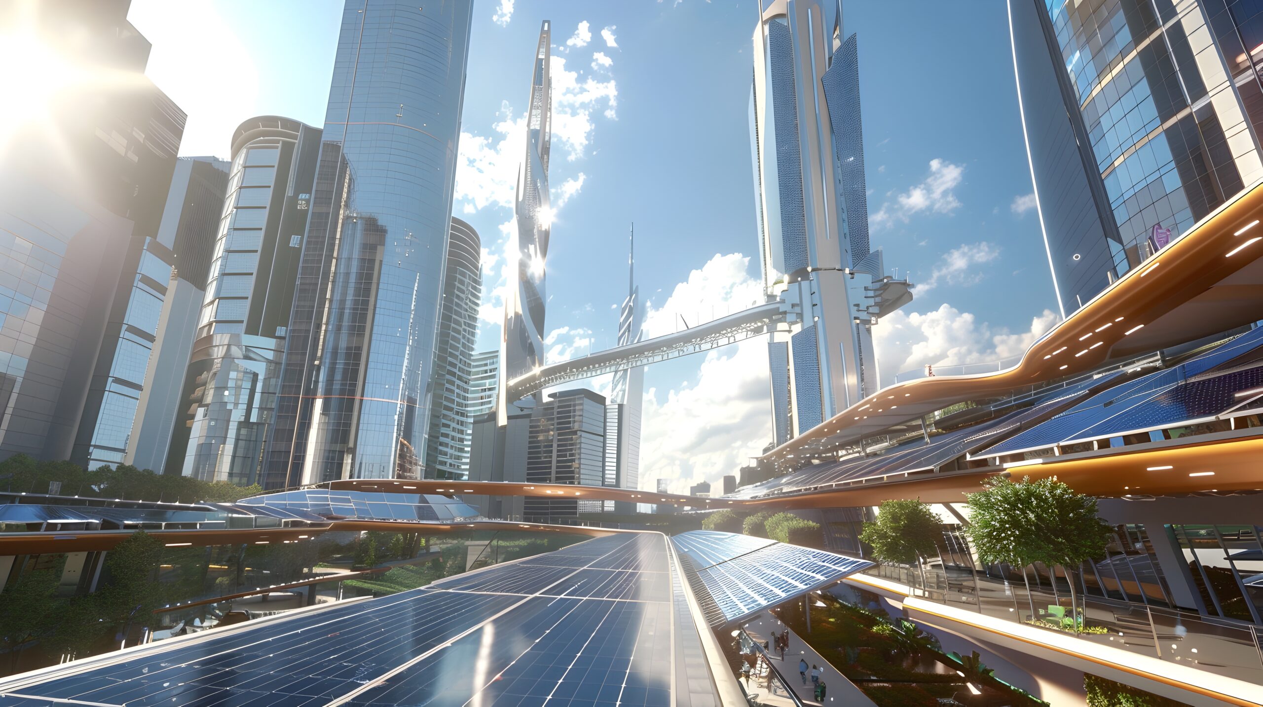 This image depicts a visionary cityscape where modern skyscrapers and high-rise buildings are seamlessly integrated with renewable energy solutions,showcasing a future of sustainable urban
