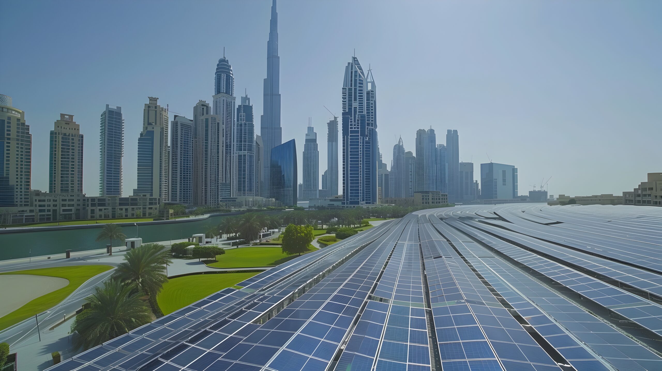 This image showcases a modern city skyline where skyscrapers have integrated solar panels into their infrastructure, demonstrating a commitment to green energy solutions and sustainable innovation.